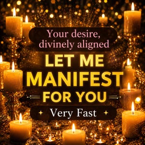 May include: Multiple lit pillar candles in gold holders surrounded by sparkling gold accents. The text reads: Your desire, divinely aligned, LET ME MANIFEST FOR YOU, Very Fast, with decorative lines and star symbols against a dark background.