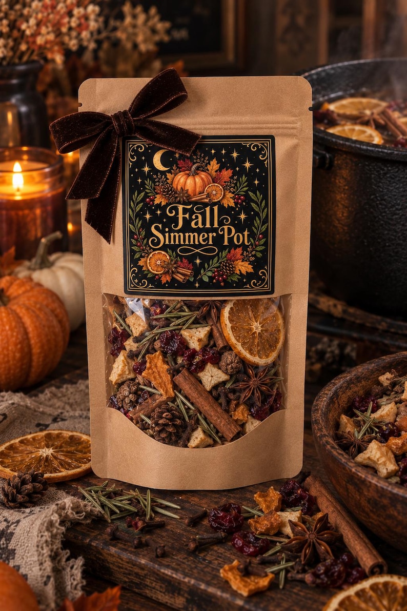 May include: A brown paper pouch containing a Fall Simmer Pot blend, featuring a dark label with the text Fall Simmer Pot, a pumpkin, and foliage. The pouch is tied with a dark brown velvet ribbon and has a clear window revealing dried orange slices, cinnamon sticks, star anise, pinecones, and cranberries.