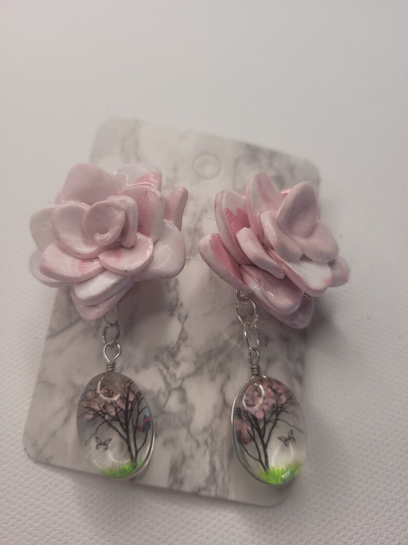 butterfly tree detail handmade gift pink flower polymer clay post earrings with cute dangle detail unique