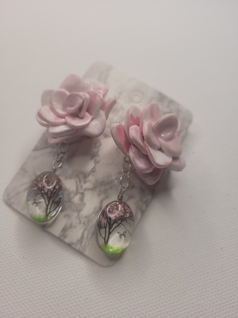 butterfly tree detail handmade gift pink flower polymer clay post earrings with cute dangle detail unique