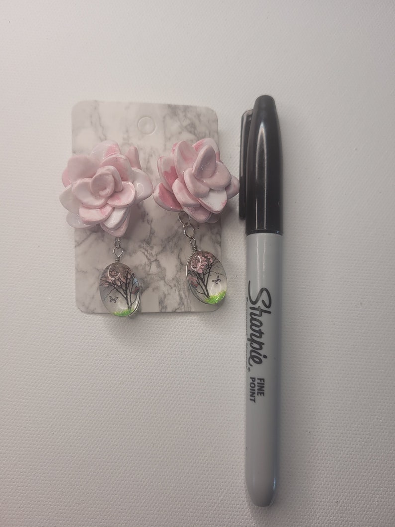 butterfly tree detail handmade gift pink flower polymer clay post earrings with cute dangle detail unique