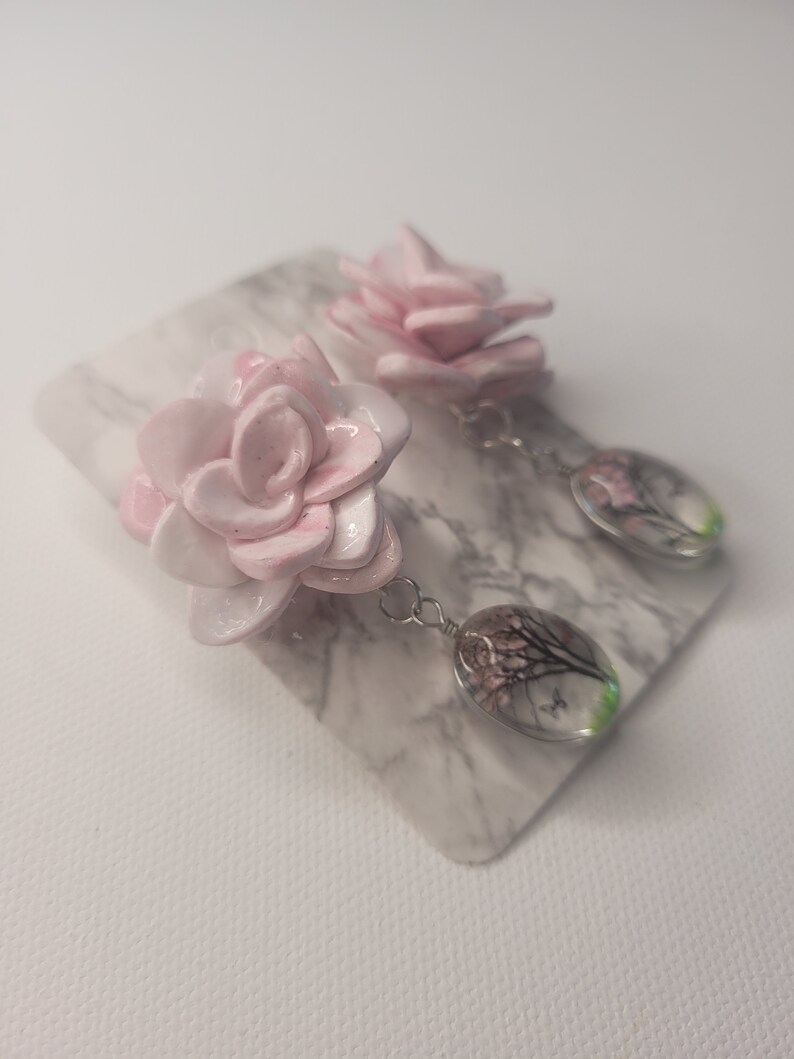 butterfly tree detail handmade gift pink flower polymer clay post earrings with cute dangle detail unique