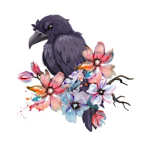 Floral Raven Print, Witchy Themed Instant Download, Witchy Print, Black Crow Print, Bird Print, Gothic Digital Download, Floral Print, Bird