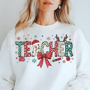 Christmas Teacher Sweatshirt, Christmas Gift for Teachers, Cute Teacher Crewneck, Retro Christmas Teacher Sweatshirt, Christmas Bow