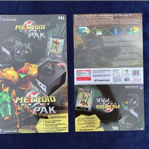 Puede incluir: Una consola Nintendo GameCube negra con un disco de juego Metroid Prime y un mando GameCube negro. La consola está empaquetada en una caja con una imagen de Samus Aran, la protagonista de la serie Metroid, en la parte delantera. La caja está etiquetada como "Metroid Prime Pak" e incluye el texto "Evil waits below the surface of Tallon IV... But Samus Aran is ready for combat!" en la parte posterior.
