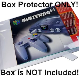 May include: A clear plastic box protector for a Nintendo 64 game box. The box protector is empty and the game box is not included. The text "Box Protector ONLY!" is at the top of the image and the text "Box is NOT Included!" is at the bottom of the image.