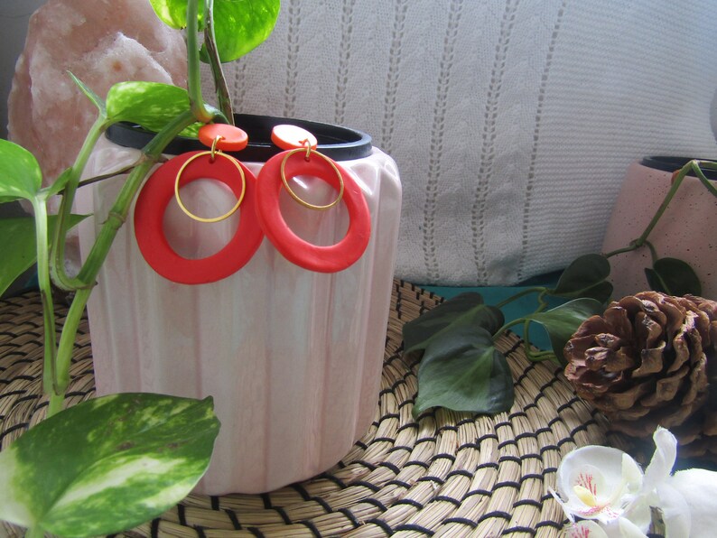 Funky Earrings Circle Drop Earrings Statement Earrings Gifts For Her Orange Earrings Clay Dangles Handmade Jewellery