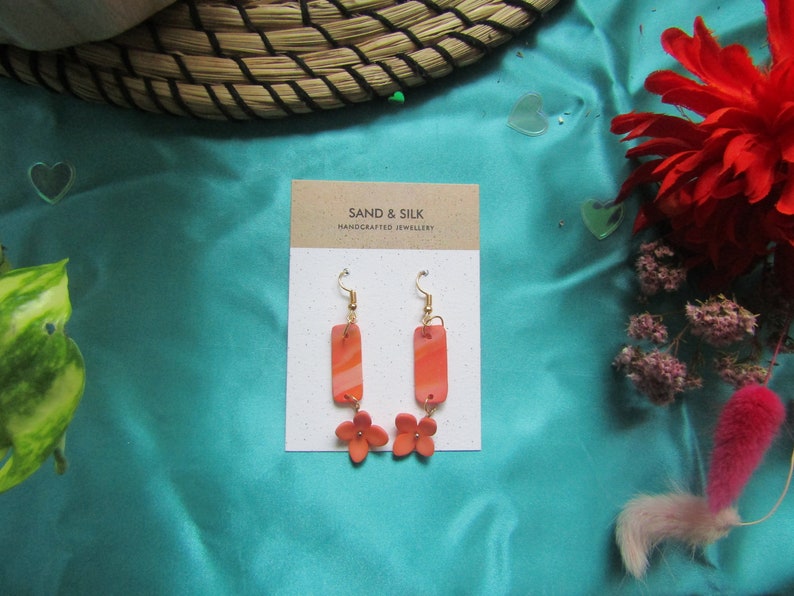 Flower Earrings Marble Earrings Orange Dangles Statement Earrings Gifts For Her Clay Earrings Funky Earrings Handmade Jewellery