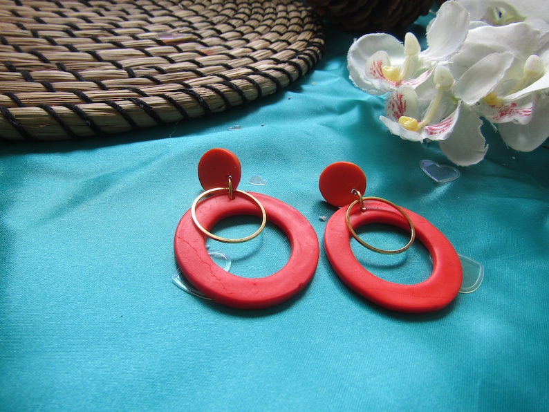 Funky Earrings Circle Drop Earrings Statement Earrings Gifts For Her Orange Earrings Clay Dangles Handmade Jewellery