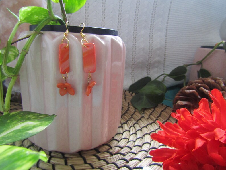 Flower Earrings Marble Earrings Orange Dangles Statement Earrings Gifts For Her Clay Earrings Funky Earrings Handmade Jewellery