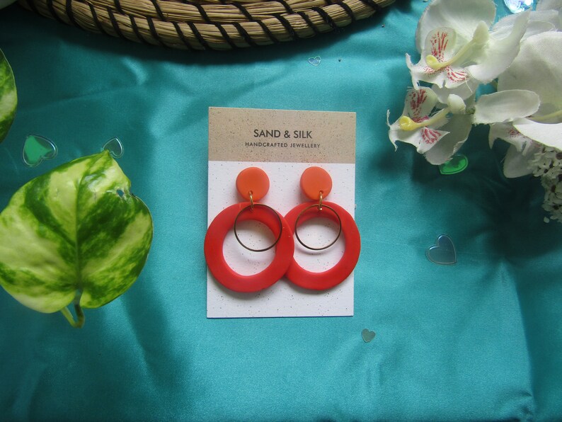 Funky Earrings Circle Drop Earrings Statement Earrings Gifts For Her Orange Earrings Clay Dangles Handmade Jewellery