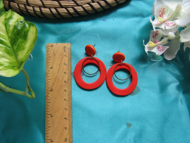 Funky Earrings Circle Drop Earrings Statement Earrings Gifts For Her Orange Earrings Clay Dangles Handmade Jewellery