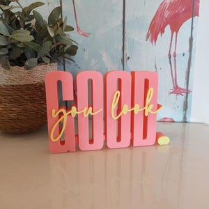 Könnte beinhalten: Rosa Buchstaben bilden das Wort "GOOD", darunter in gelber Schrift "you look". Das dekorative Schild steht auf einer hellen Oberfläche, vor einer Wand mit Flamingos. Links ein Topf mit einer Pflanze in einem geflochtenen Korb.