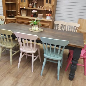 Farmhouse Style Dining Set with a 7ft Traditional Style Dining Table, a 6ft Matching Bench and 5 Spindle Back Chairs in F&B Colours