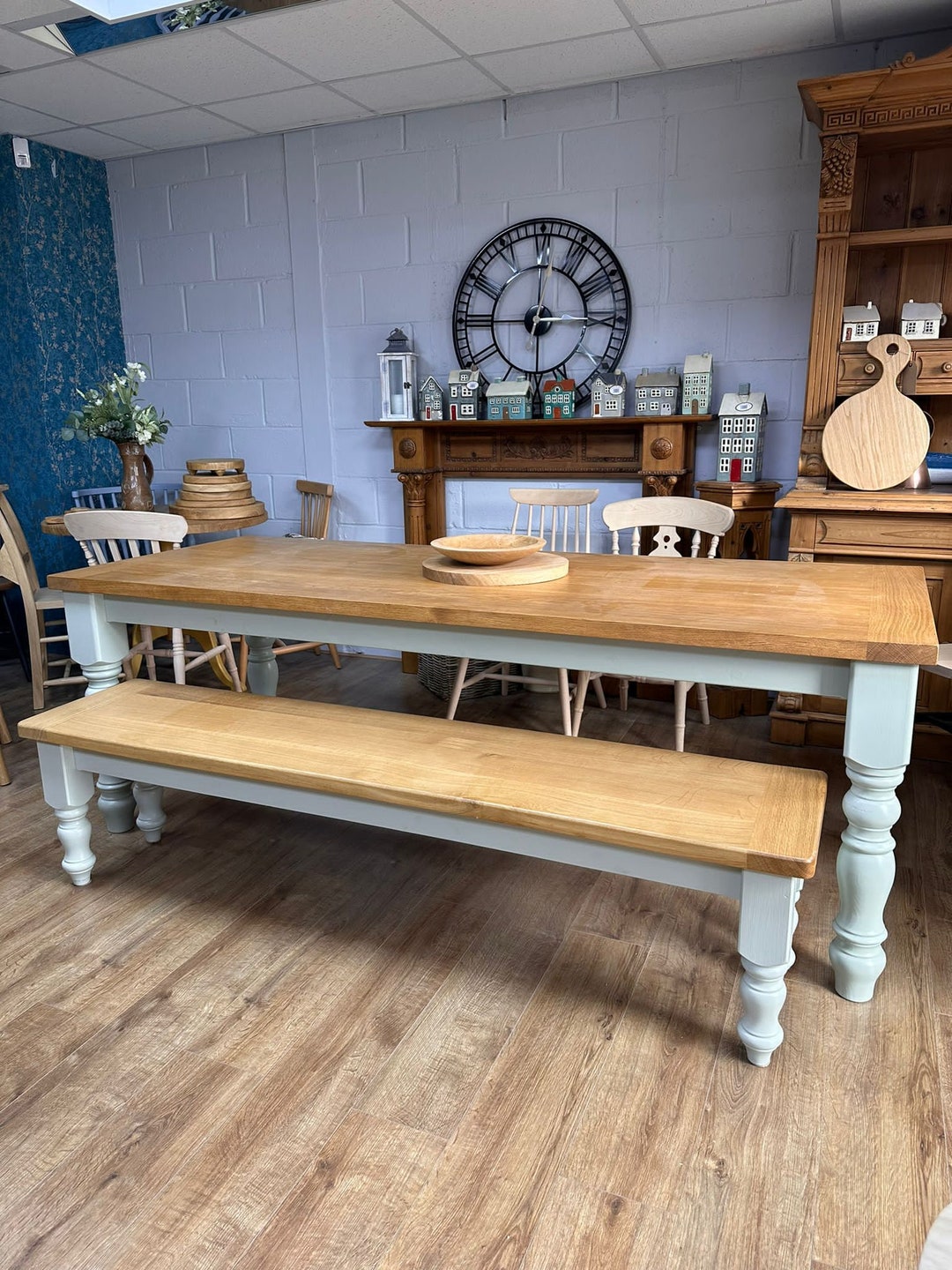 Farmhouse Dining Table & Bench – Solid Oak Wood Top – Handmade Rustic ...