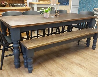 Farmhouse Dining Table Set with Bench – Handmade Rustic Wood Kitchen Table – Custom Sizes Available – Country Style Furniture