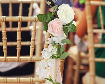 Wedding Chair Decorations Set White Cream Rustic Aisle Artificial Flowers NEW
