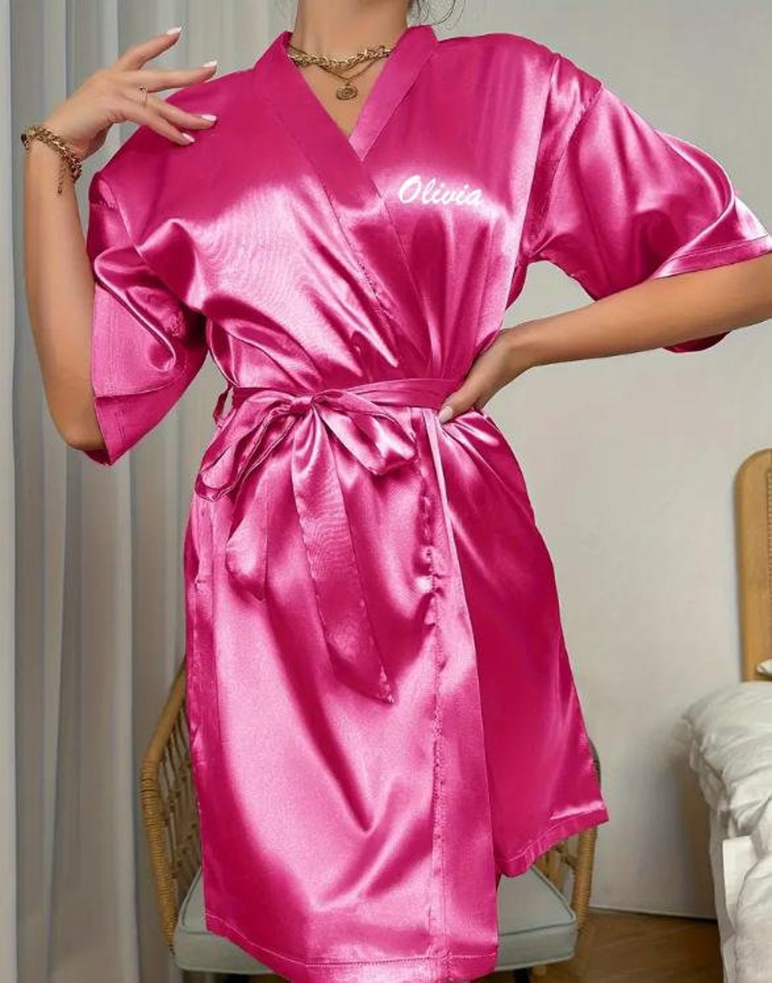 Pink Bride Robe Custom Hot Pink Satin Robe for Bride and Bridesmaids Personalized ...