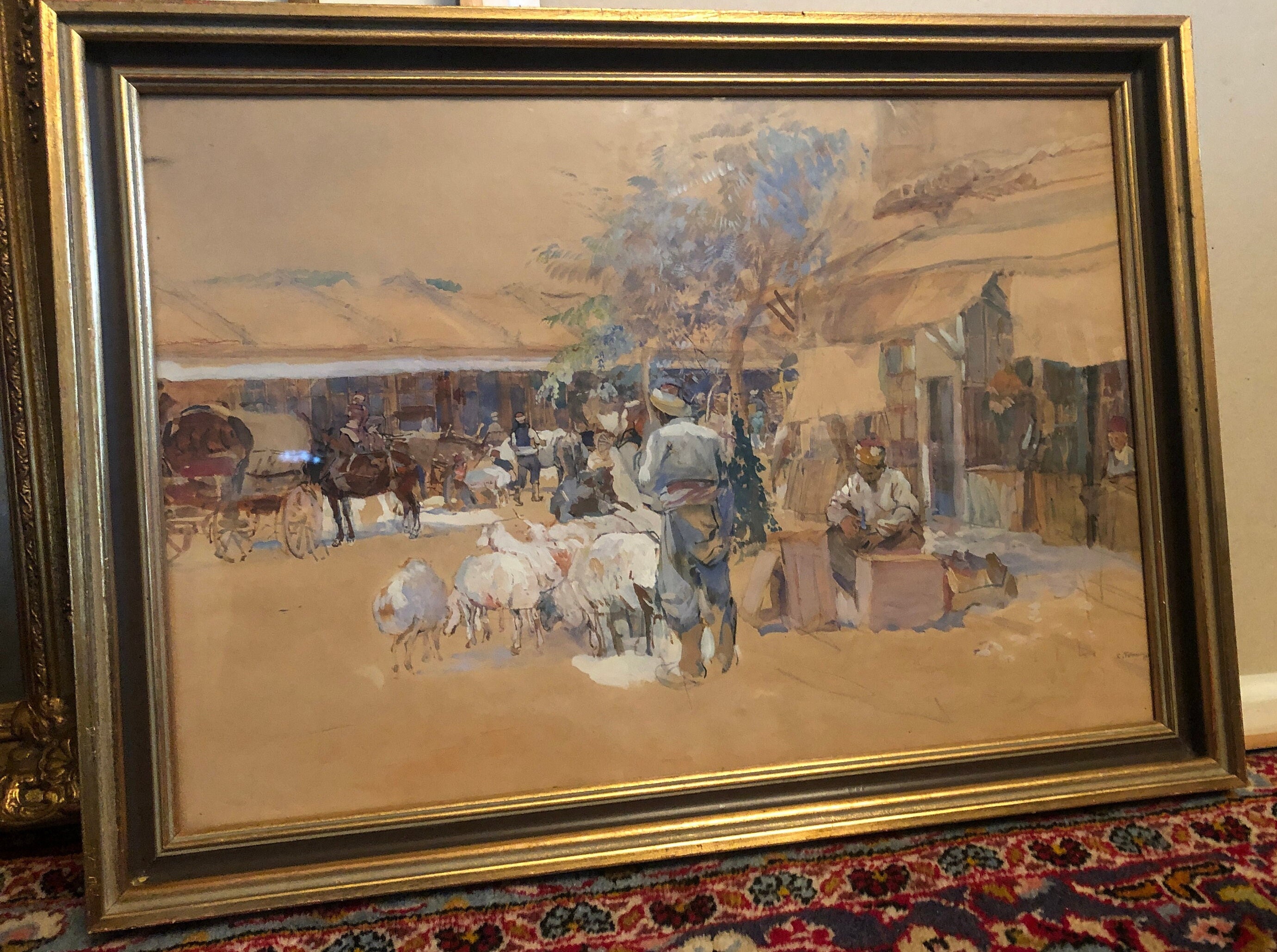 絵画「東洋の街路風景」、水彩画、1930年頃、C. ファリンガー署名