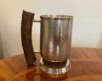 Beer mug, silver hallmarked 925, handle made of stag antler, also on the base, circa 1950, probably Bavaria, Germany