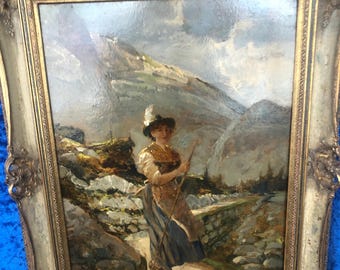 Oil painting "Alpenrösl", E. Jensen, signed, framed, around 1900, Academy Munich, Bavaria, Germany