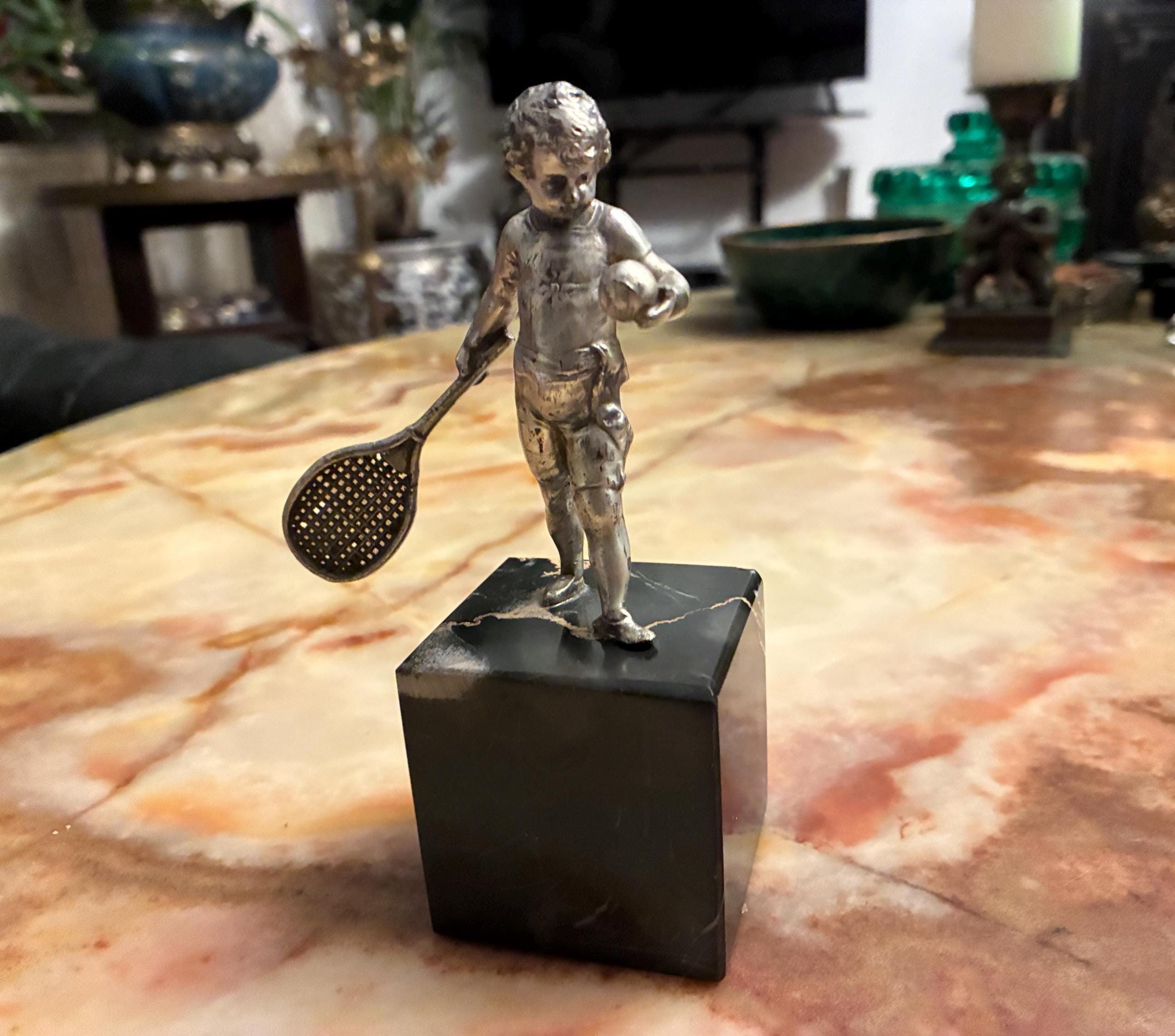 Trophée De Tennis Vintage Gisca - Feuille D'or Peinte à La Main Avec étui