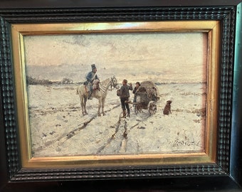 Painting 'Winter Scene', Wilhelm Velten signed. Oil on wood, framed, around 1870, Munich Academy, Bavaria, Germany