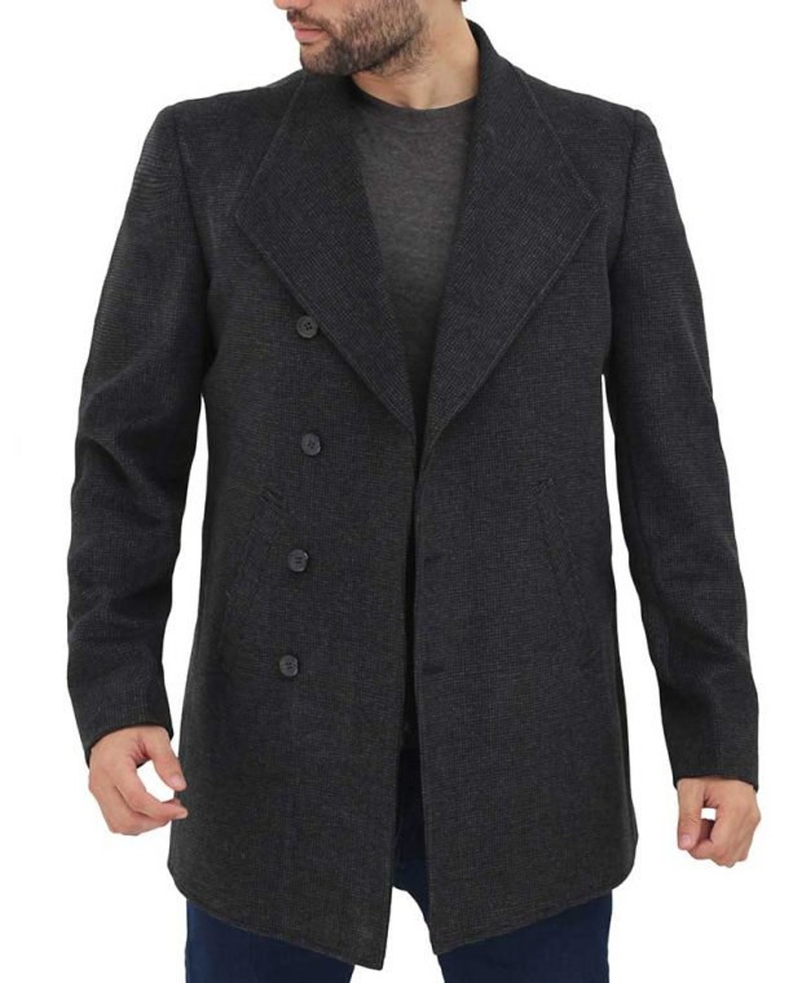 Mens Double Breasted Dark Gray Wool Coat | Etsy