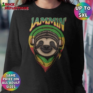 Reggae Music Sweatshirt Jammin’ Sloth Lover Hoodie Crewneck Sweater Rock N Roll Pullover Retro Gift Reggae Colors Bob Marley Tribute