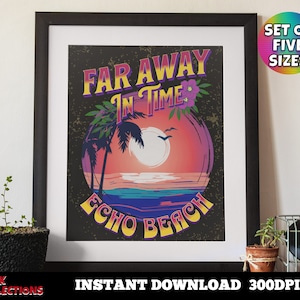 May include: A digital illustration of a sunset scene with palm trees and the text "Far Away In Time Echo Beach". The illustration is in a retro style with a pink, orange, and blue colour scheme.