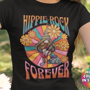 Rock Music T-Shirt Rocker Hippie Love Classic Rock And Roll Lover Cool Music Shirt Rock N Roll Gift Music Lover Tee Gnome Playing Guitar