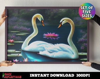 Grafika artystyczna „Swan Pond”: inspirująca dekoracja domu (pobranie cyfrowe)