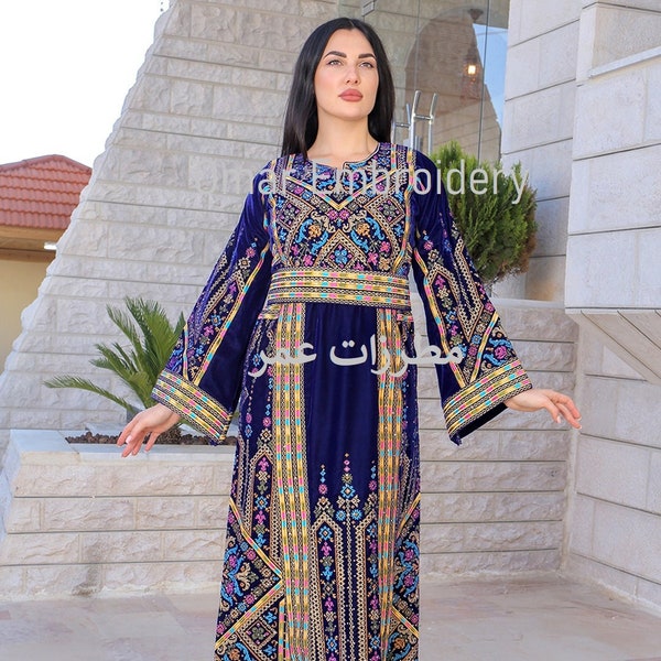 Palestinian Thobe Embroidered Velvet Maxi Dress Long Sleeves Kaftan Palestinian Princess Design And Embroidery  ثوب فلسطيني مطرز مخمل