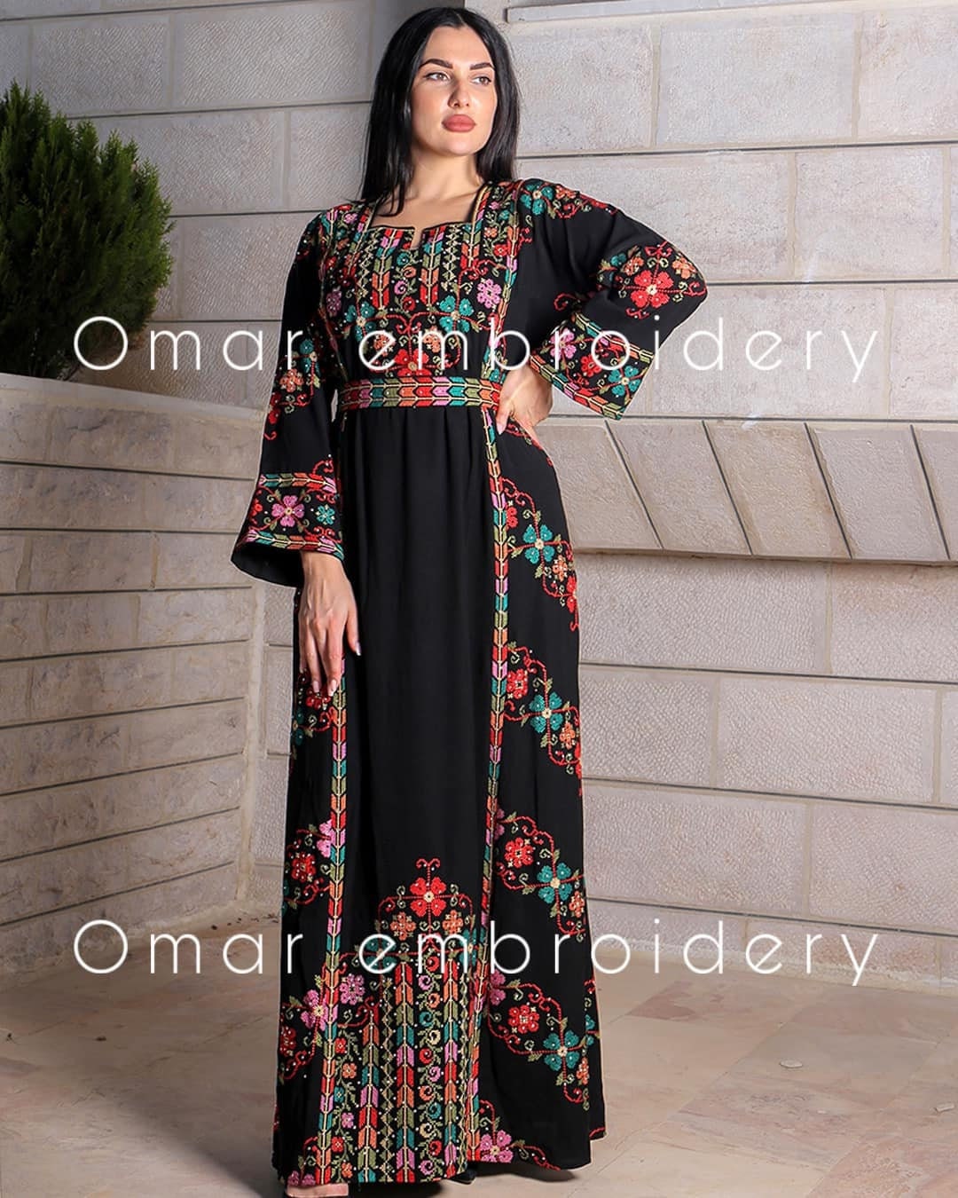 Zaytoon® Embroidered Palestinian Maxi Dress with Long Sleeves