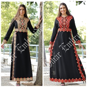 Palestinian Thobe Embroidered Maxi Modern Dress Long Sleeves Kaftan Palestinian Design And Embroidery ثوب مطرز قلسطيني