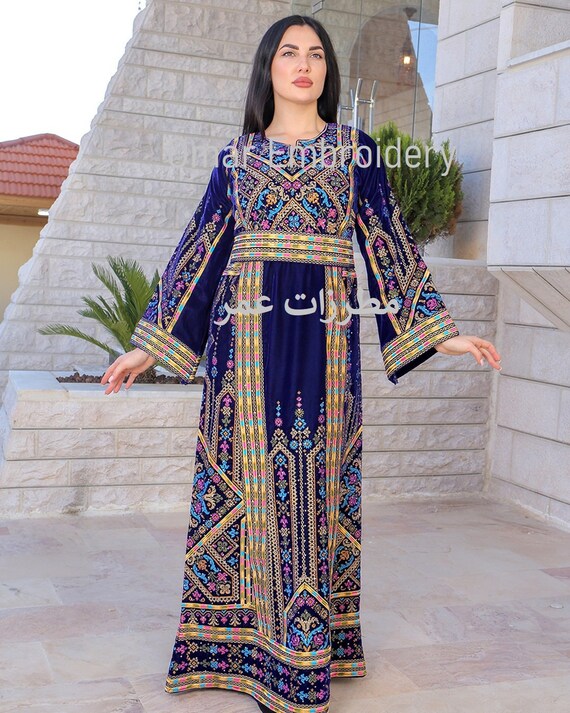 Buy Palestinian Thobe Embroidered Velvet Maxi Dress Long Sleeves Kaftan Palestinian Princess Design and Embroidery Online in India Etsy