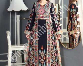 Thobe Embroidered Palestinian Maxi Dress Long Sleeves Palestinian Princess Style