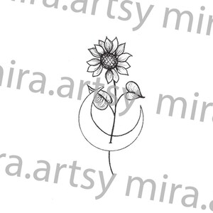 Sunflower Piercing Through Moon Scan- DIGITAL DOWNLOAD for Tattoo Design or Print
