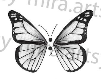 May include: A black and white butterfly illustration with a semicolon in the center. The butterfly wings have detailed patterns and are outlined in black. The image is on a white background.