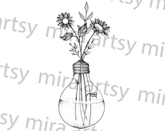 Puede incluir: Un dibujo en blanco y negro de una bombilla con un ramo de flores dentro. Las flores son simples y estilizadas, con tres flores y tallos.