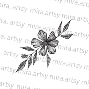 Wildflower and Leaves Drawing Scan - DIGITAL DOWNLOAD for Tattoo Design or Print