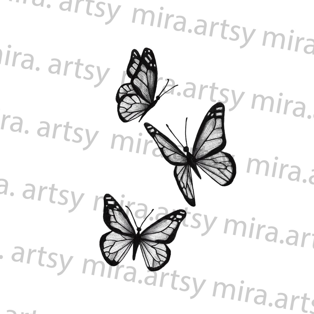 Three Butterflies Flying Drawing Scan DIGITAL DOWNLOAD for Tattoo