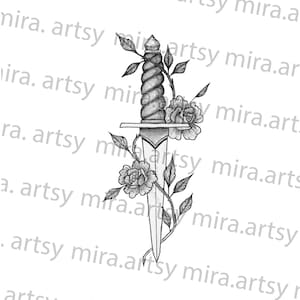 Fantasy Knife/Dagger Floral Drawing Scan - DIGITAL DOWNLOAD for Tattoo Design or Print