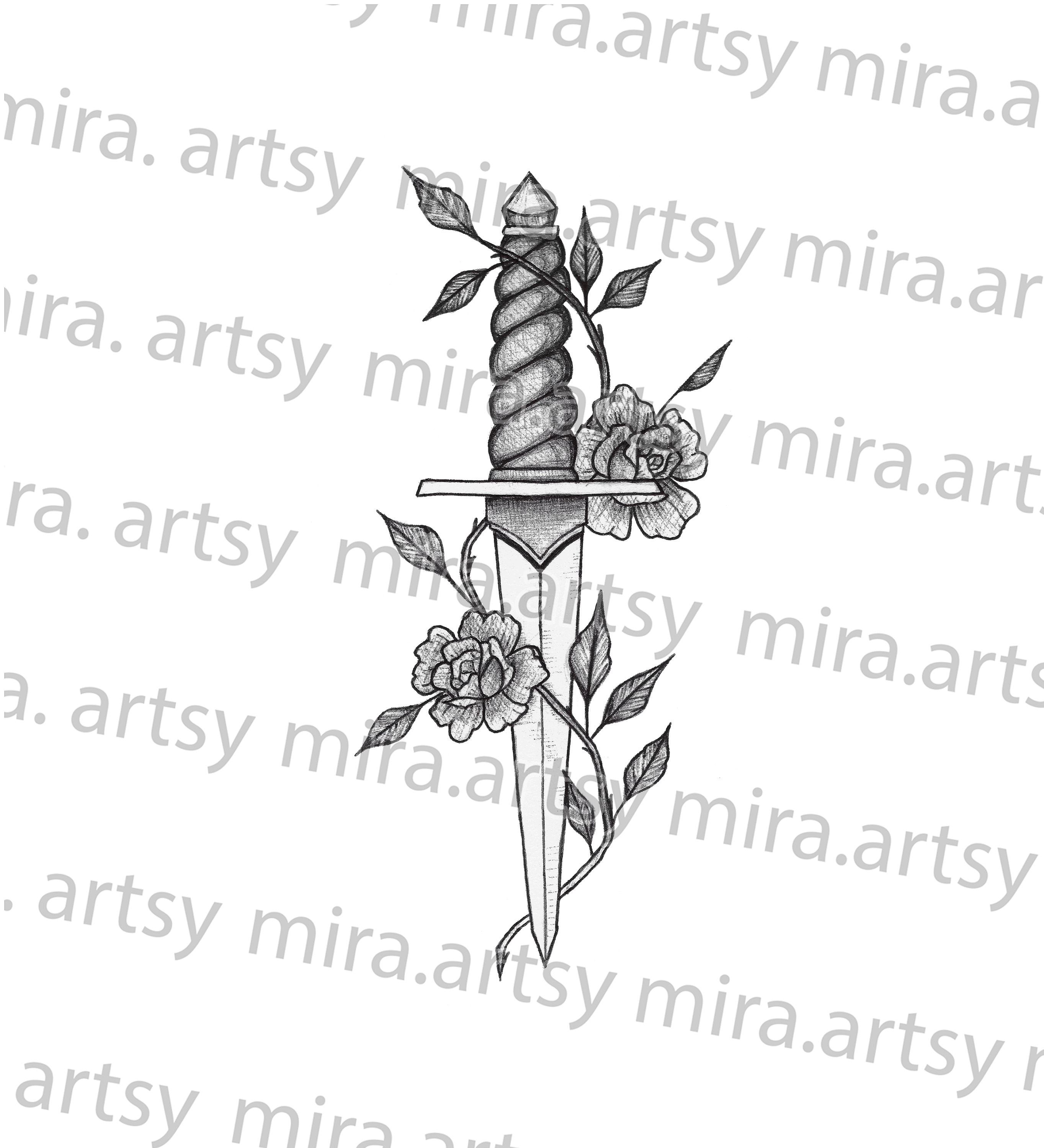 Fantasy Knife/dagger Floral Drawing Scan - DIGITAL DOWNLOAD for Tattoo ...