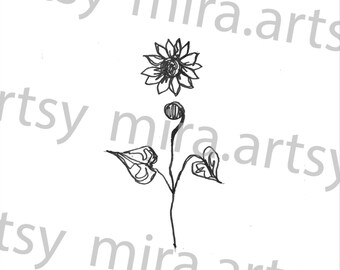 Puede incluir: Un dibujo en blanco y negro de un girasol con dos hojas en un tallo.