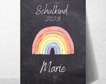 Schoolchild blackboard for school enrolment. Milestone board. School child 2024, personalized. Start of school, rainbow and name