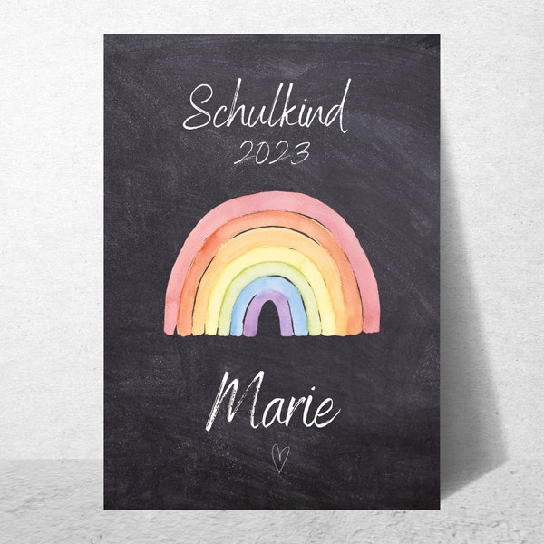 Schoolchild blackboard for school enrolment. Milestone board. School child 2024, personalized. Start of school, rainbow and name