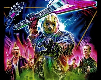 Könnte beinhalten: Eine grafische Illustration eines Horrorfilmcharakters, der eine Hockeymaske trägt und eine rosafarbene E-Gitarre hält. Der Charakter ist von anderen Charakteren in einer Stadtkulisse umgeben. Das Bild ist in einer Neonfarbpalette mit einer Dreiecksform im Hintergrund.