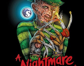 Könnte beinhalten: Eine Illustration von Freddy Krueger, der fiktiven Figur aus der Horrorfilmreihe Nightmare on Elm Street, der einen brennenden Dab-Rig hält. Der Text "A Nightmare on DAB street" steht unter dem Bild.