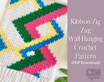 Crochet Pattern - Wall Art - Wall Hanging - Crochet Home Decor - Fiber Art - Colorful Decor - Ribbon Zig Zag Design - PDF Download